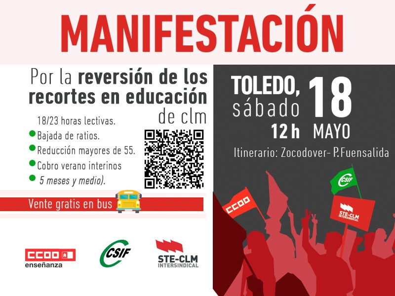 ¡MANIFESTACIÓN 18-MAYO! #ReversiónRecortesCLM (Reserva tu plaza de bus a Toledo GRATIS)